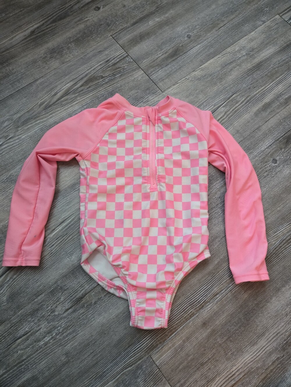 3T Girls Kids Pink Long-Sleeve Checkered Rash Guard Swimsuit